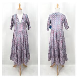 CJ LAING Savannah Dress Women XS Blue Pink Cottage Floral Indian Block Print NEW